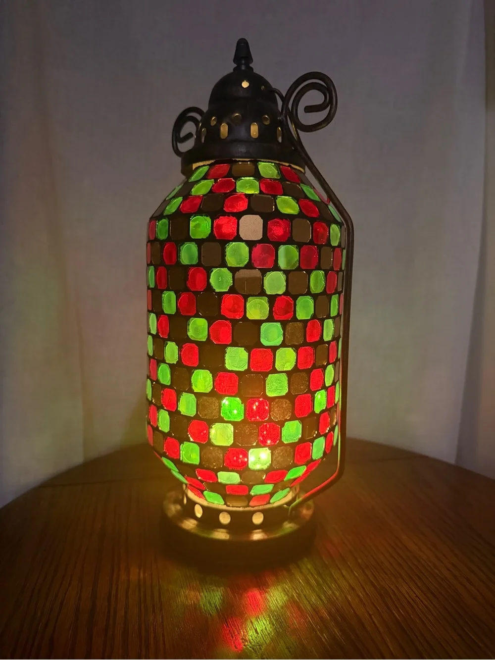 Multicolor Mosaic Glass Lantern Candle Holder Metal Boho Moroccan Style 14.5”*9”